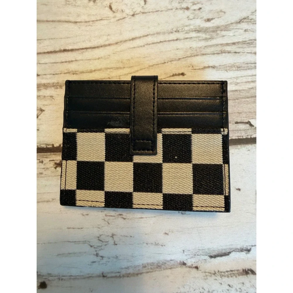 Black and Cream Checkered Card Holder Wallet Snap Closure Slim Minimalist